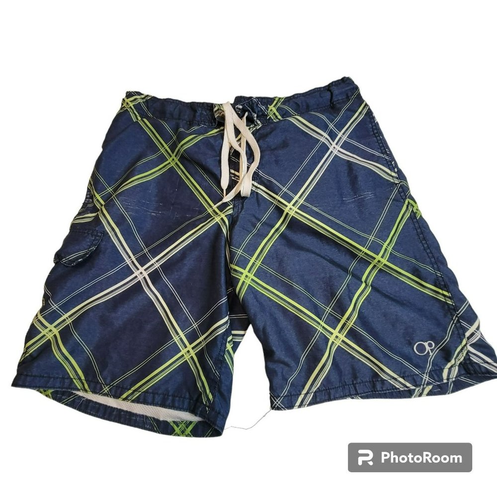 Ocean Pacific Board Shorts, Men Med (32-34) Blue & Yellow Striped, Drawstring